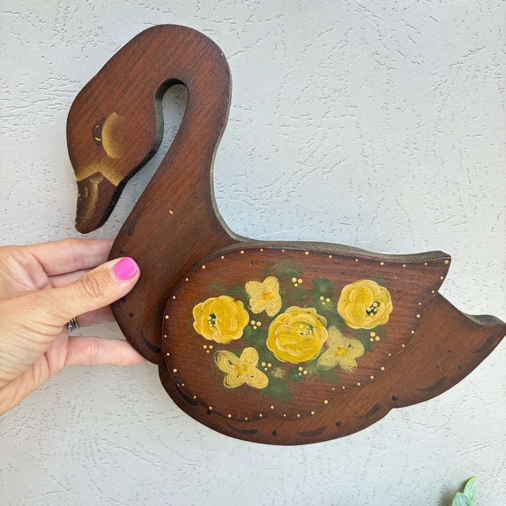 Vintage Hand Painted Wooden Swan Wall Decor Folk Art Yellow Floral 9 Inch